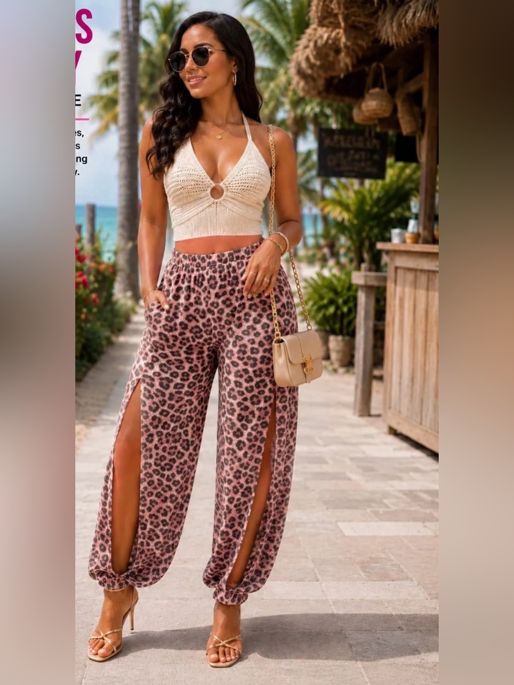 Zenana Pink Leopard Print Side-Slit Harem Pants